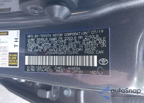 2019 Toyota Prius Le z USA, uszkodzony, nr VIN JTDKARFU6K3102490